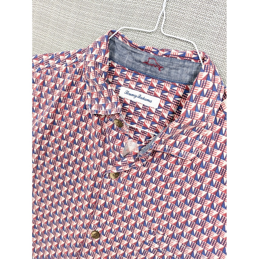 Tommy Bahama Silk Shirt Mens Large Red Patriotic Flag Short Sleeve Button Up